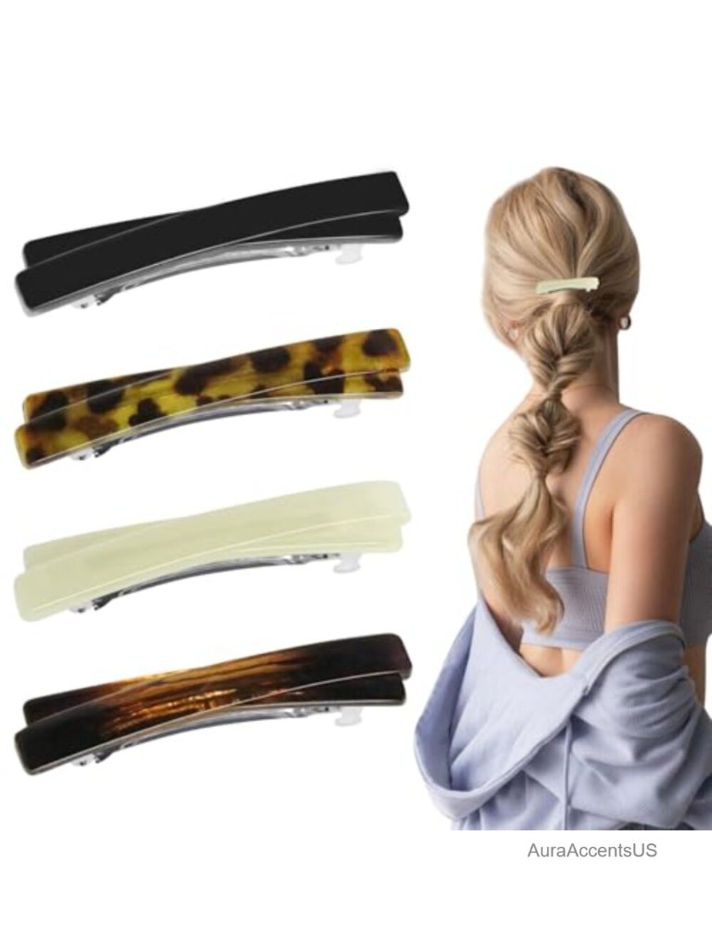 4 French Barrette Hair Clips for Women Thin Fine Hair, Plastic Metal Spring,